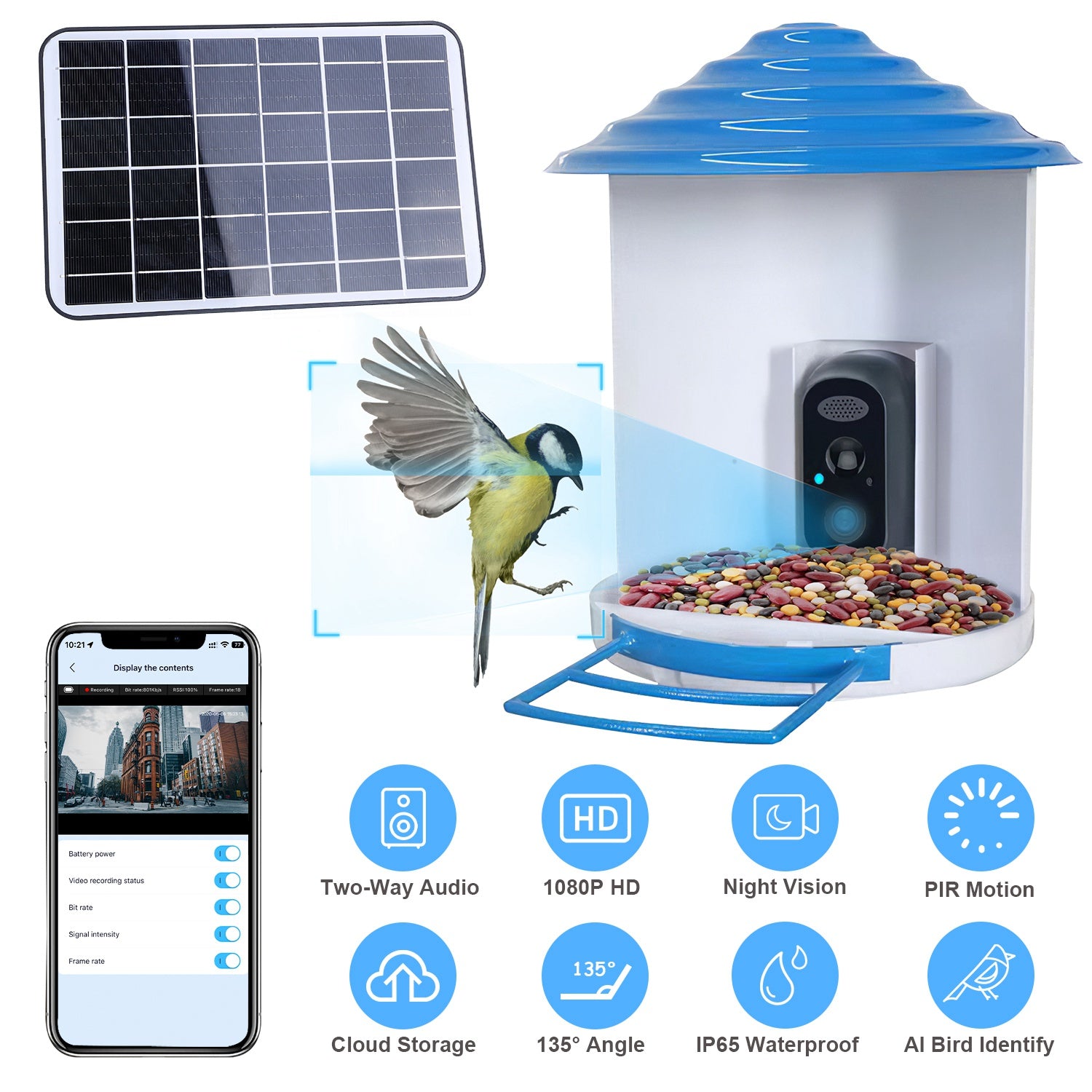 1080P HD Bird Feeder Camera with PIR Motion, Solar Rechargeable Battery & AI Bird Recognition – Nature Monitor